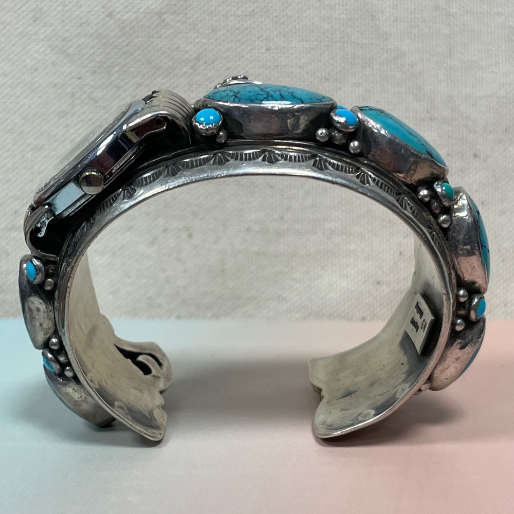 Native American Sterling Silver Turquoise Decorative Bangle Bracelet Watch - Picture 7 of 15